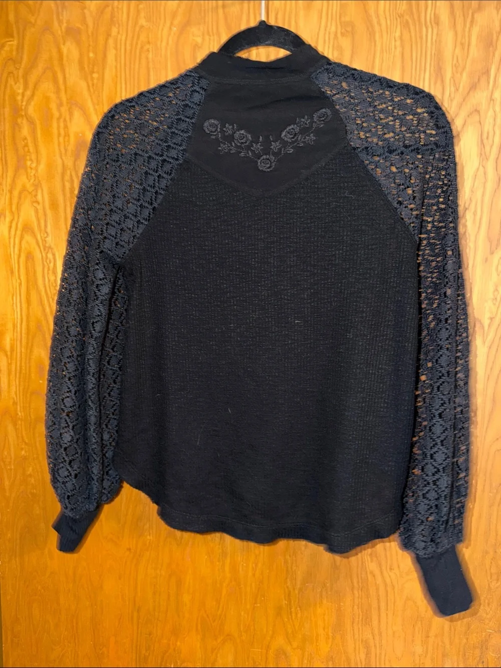 Free People Black Lace Sleeve Embroidered Yoke Long Sleeve Top